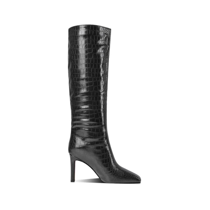 2024 Winter New Fashion Crocodile Patterned Knee Knight Boots for Women Autumn Pointed High Heels Elegant Big Size Shoes 43 42