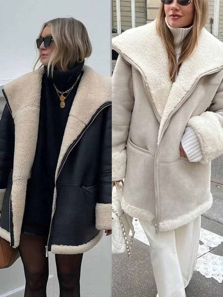 Plush Leather Fur Coat Women Warm 2024 Winter Thick Zipper Loose Jacket Female Long Sleeve Lapel Lady Outwear Autumn