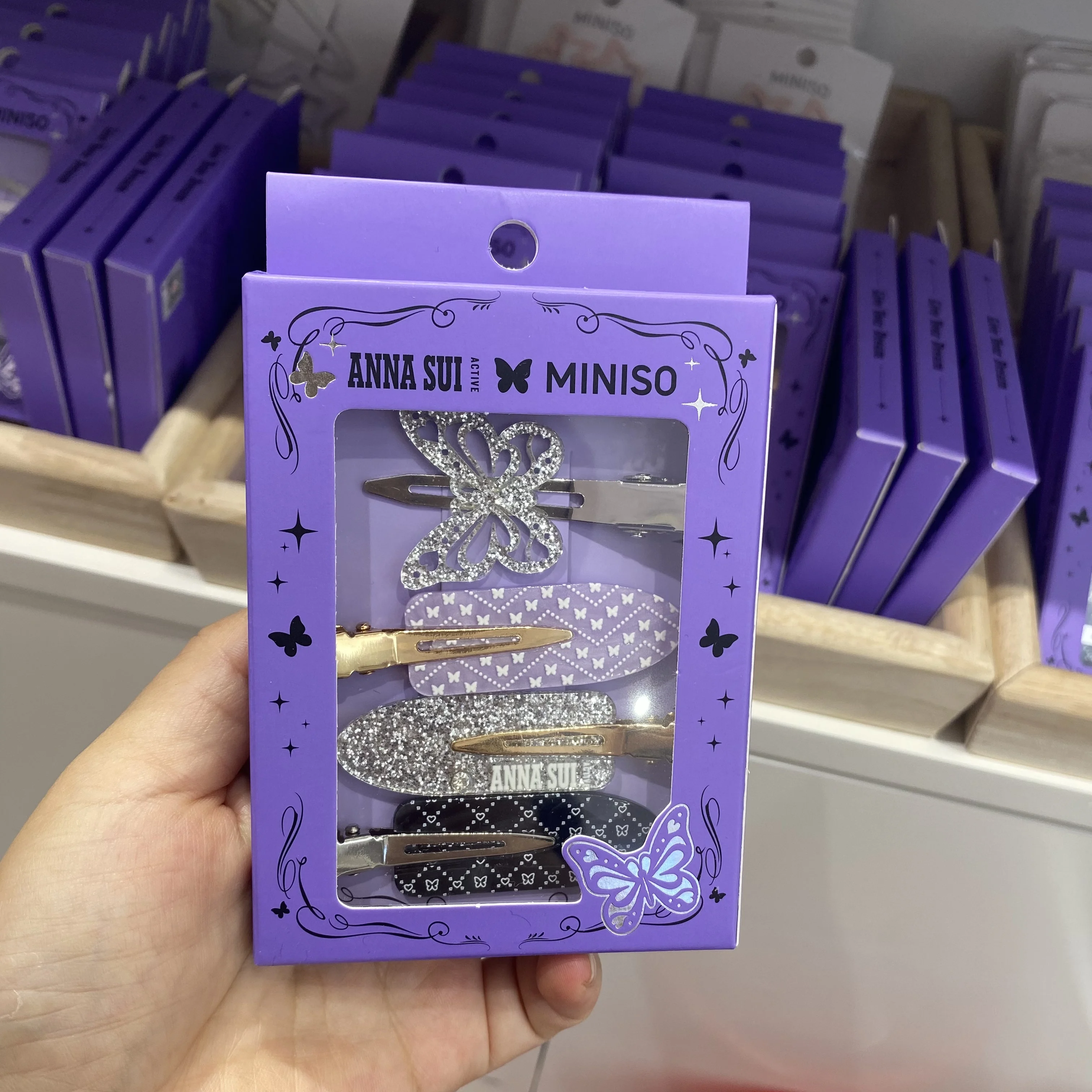 Miniso Anna Sui series purple seamless hollow butterfly clips set of 3 BB clips dreamy hairpins