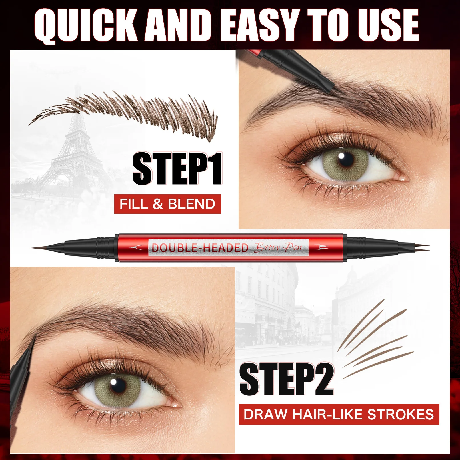 Lápis de sobrancelha líquido de duas garras de duas cabeças HelloKiss, lápis de sobrancelha selvagem natural à prova d'água, à prova de suor e sem manchas