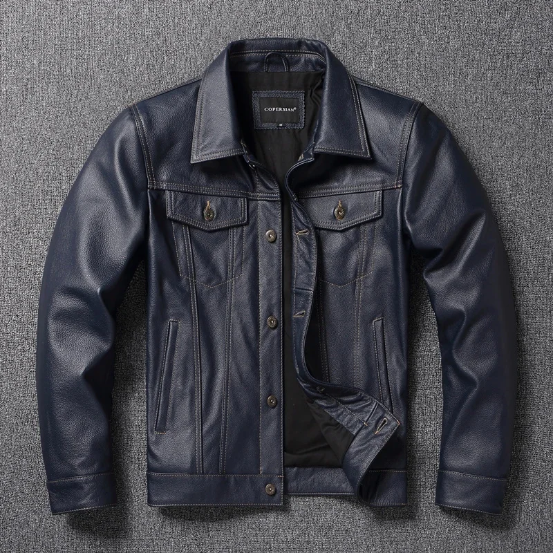 brand Y2K new classic casual slim fit genuine leather coat.quality men fashion cowhide jacket.Young popular 557 style Denim