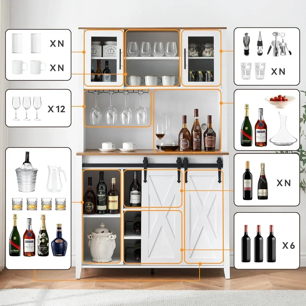 Bar Cabinet with Sliding Door, with Storage Shelves, with Wine and Glasses Rack, Sideboard Cupboard for Kitchen, Dining Room