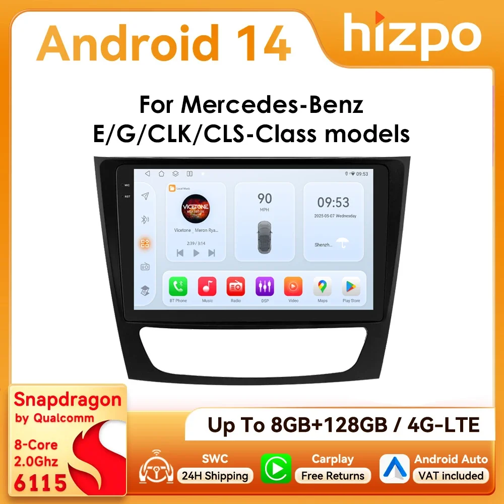 Hizpo 2Din 9-Zoll Android Autoradio für Mercedes Benz E-Klasse W211 W219 G-Klasse W463 CLK W209 2001 - 2009 Auto CarPlay 4G BT GPS-Navigation RDS DSP SWC 360CAM