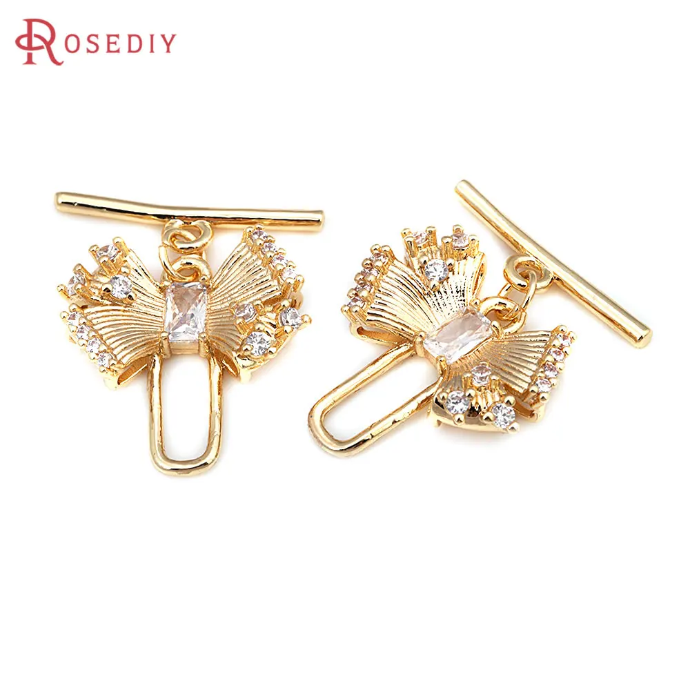 4 Sets 18K Gold Color Brass and Zircon Bow-Knot O Toggle Clasps Bracelet Connect Clasps High Quality Jewelry Making Accessories