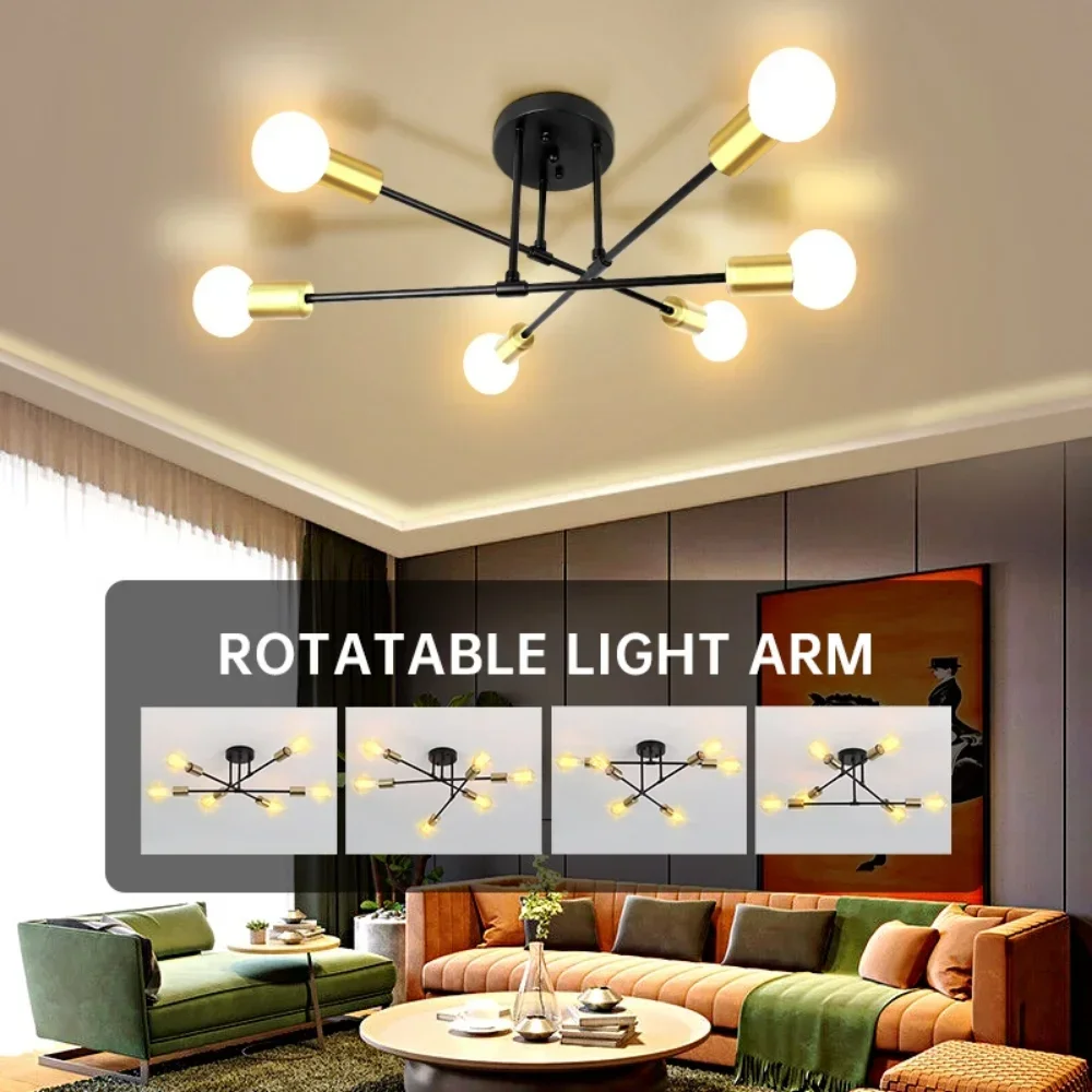 Modern Chandelier, Ceiling Light Fixture Semi Flush Mount 6 Lights Gold Chandeliers Room Bedroom Bulbs Not Included