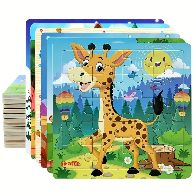 20 buah mainan Puzzle kayu 3d, kendaraan hewan kartun Jigsaw Puzzle Montessori untuk pesta ulang tahun anak-anak hadiah hadiah