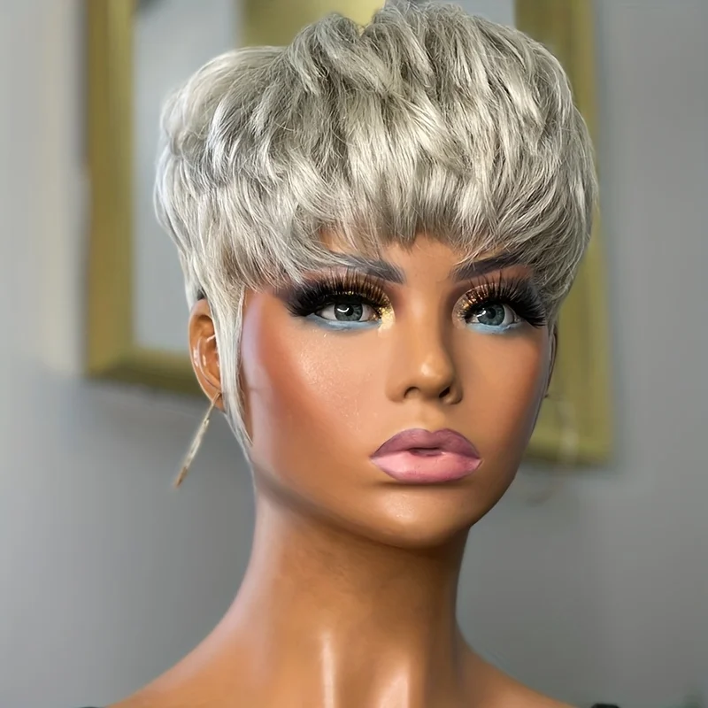 

Короткий парик с стрижкой пикси, серебристо-серый, плотность 150%, бразильские человеческие волосы Remy, полностью машинное производство с дышащей сетчатой шапочкой из розы, 5 дюймов