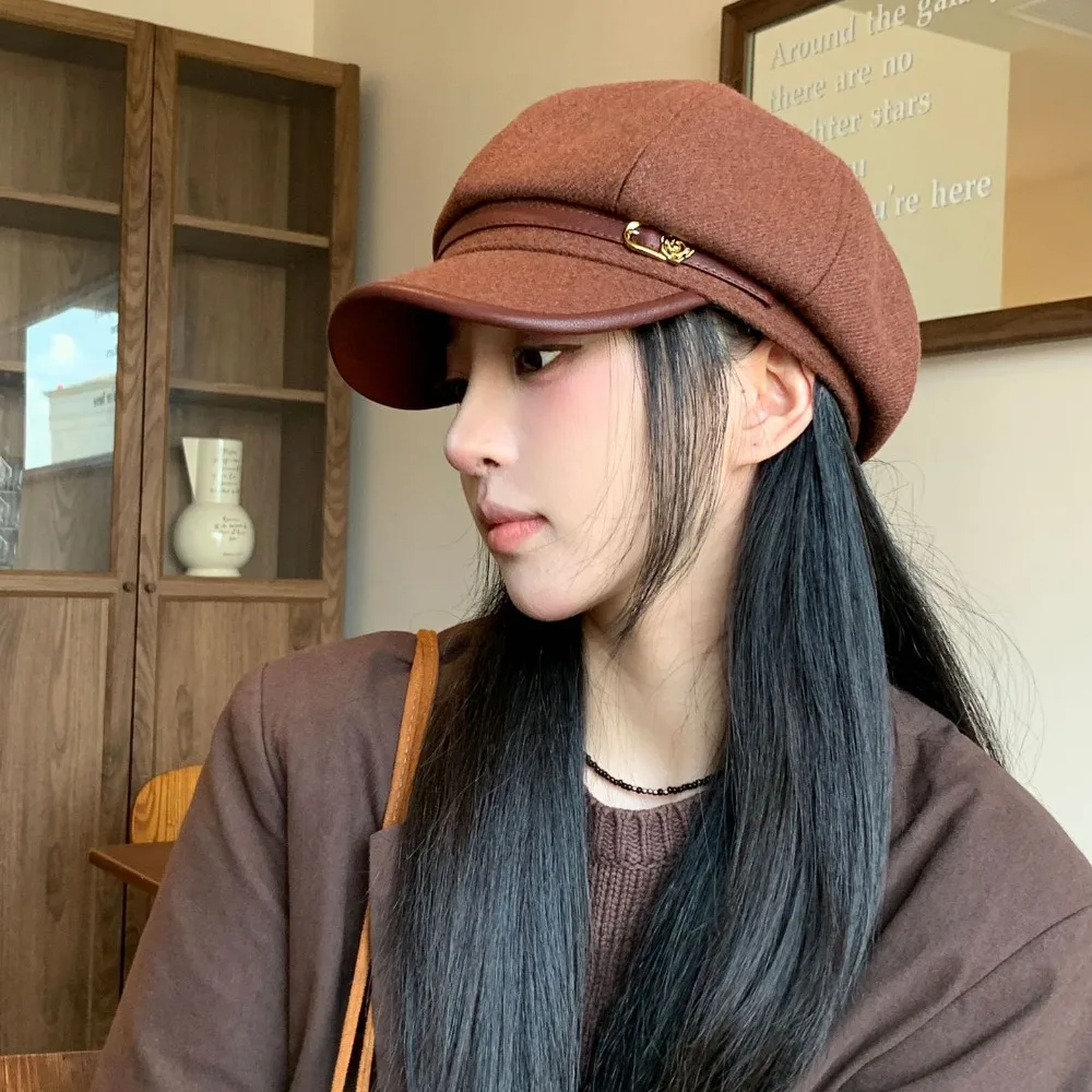 Casual British Style Pu Leather Beret Brown Belt Buckle Suede Octagonal Hat Retro Korean Style Painter Hat Winter