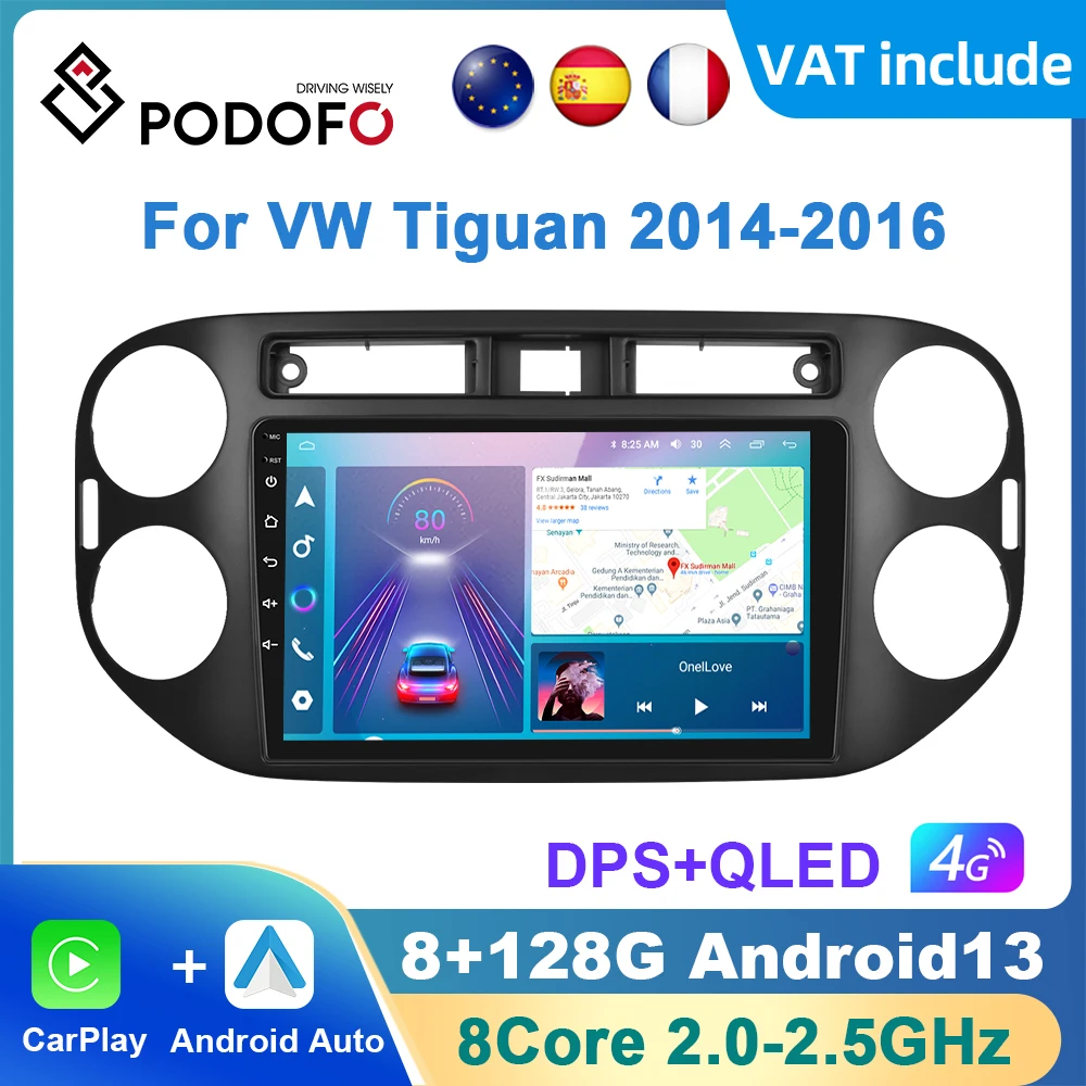 Podofo AI Voice Android Carplay Car Radio For Volkswagen Tiguan 2014-2016 Android Auto 4G Multimedia Navigation GPS DSP