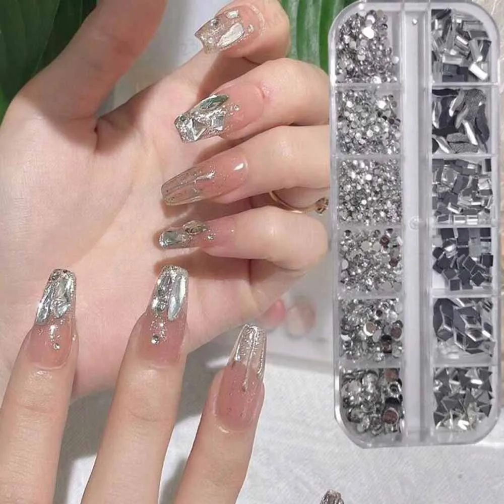 12Grids 3D Clear Multi-Shapes Nail Art Rhinestones Sparkling Flatback Glass Diamond Nail Charms DIY Crafts Manicure Decorations
