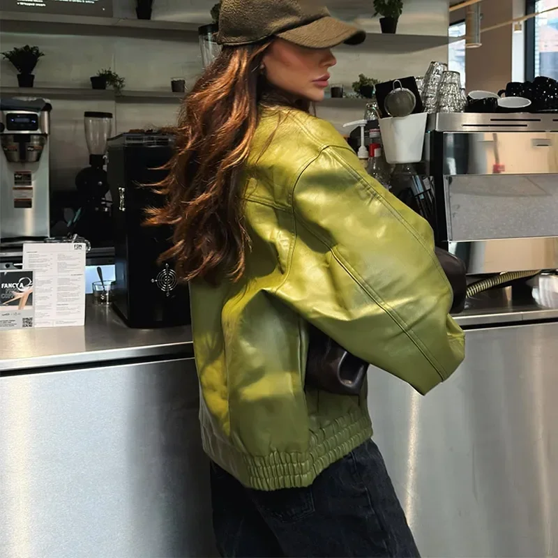 2025 New Lady Solid Streetwear Fashion Green PU Leather Jacket Women Laple Zipper Loose Full Sleeve Single Breasted Cropped Coat