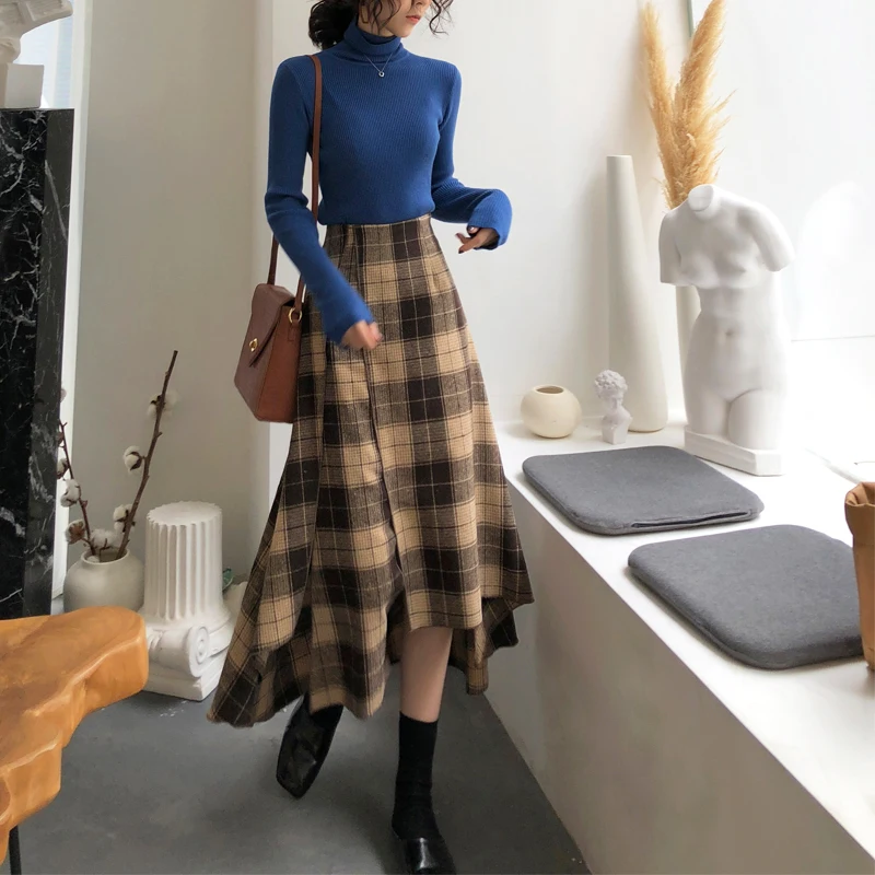 

High Waist A-Line Midi Skirt with Asymmetrical Slit Vintage Plaid Woolen Skirt for Autumn Winter Women's Faion