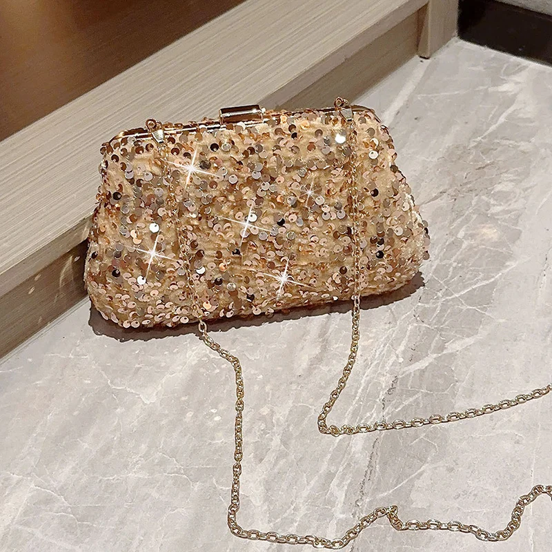 New Vintage Gold Glitter Sequined Clutch Bags for Women Ladies Single Shoulder Handbag for Formal Evening Party Evening XA41ZD