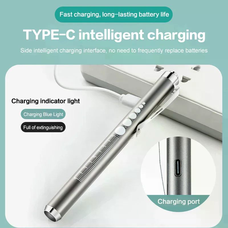 

USB Rechargeable Portable Medical Penlight Emergency Flashlight 2 In 1 Pocket LED Pen Lights With Pupil Gauge Yellow White Light