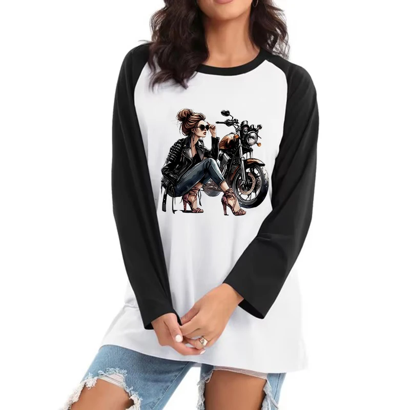 Retro Motorcycle Women Print Long Sleeve T-shirt 2000s Gothic Vintage Tshirt Women's Casual Crew Neck T Shirt Clothing Tops Tees