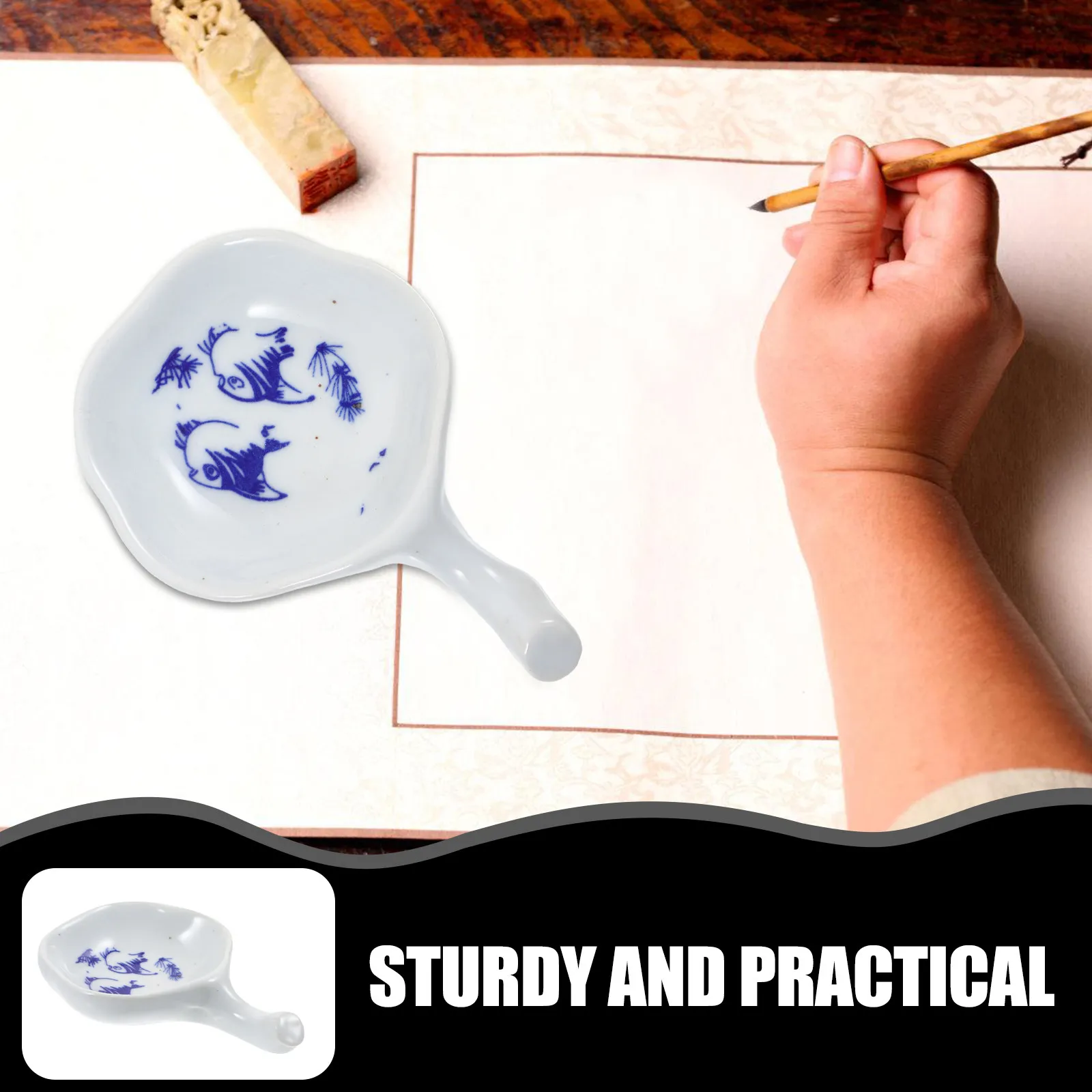 2Pcs Ceramic Calligraphy Ink Dish Blue and White Porcelain Large Capacity Ink Plate Brush Holder Water Dish for Calligraphy