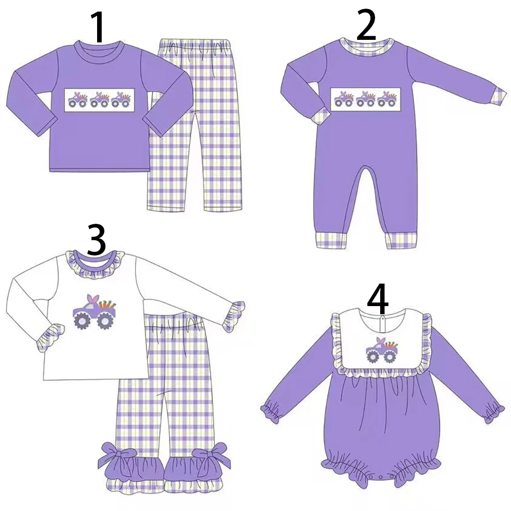 Easter New hot sale brother and sister set Long sleeve series styles Easter carrot and car graphic print purple plaid fabric