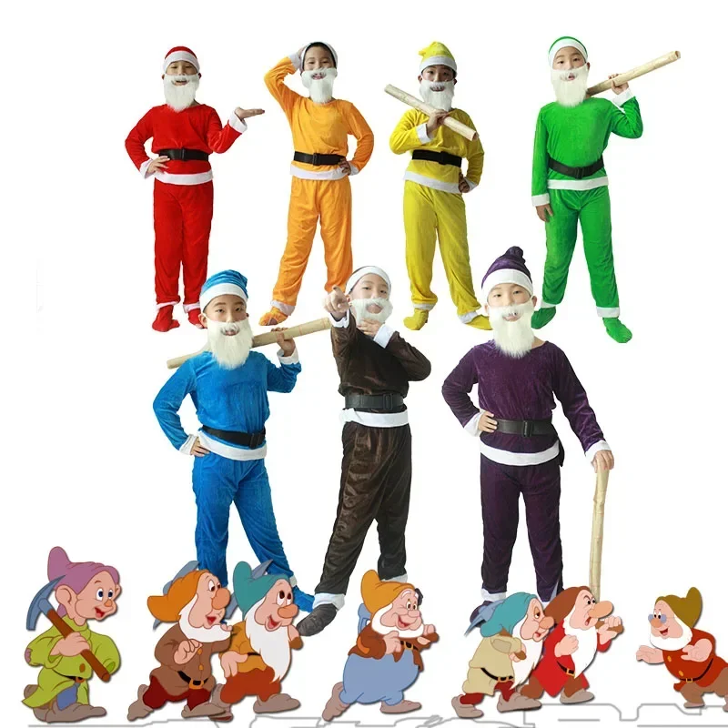 Fairy Cartoon Seven Dwarf Group Costume Child Boys Carnival Festival Cosplay Elf Elven Outfit For Kids Top Trouser Beards Hat G3