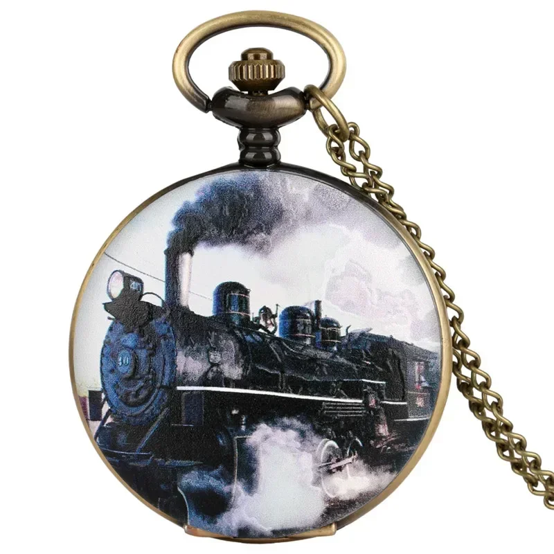 

Old Fashion Railway Station Pocket Watch Steam Train Design Quartz Analog Clock for Men Women Sweater Necklace Chain Timepiece