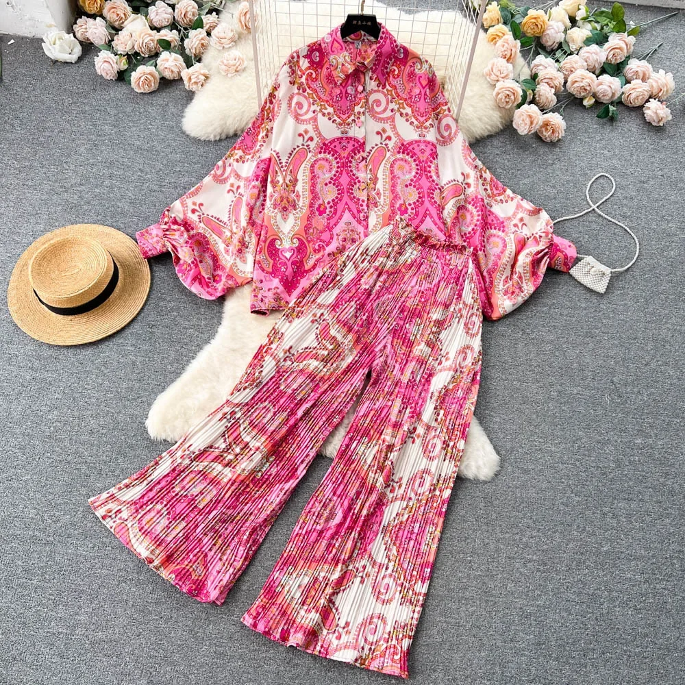 Fashion Print Set Pajama Sets for Women Two-piece Set Loose Lantern Sleeves Shirt High Waist Pleated Wide Leg Pants Home Suit