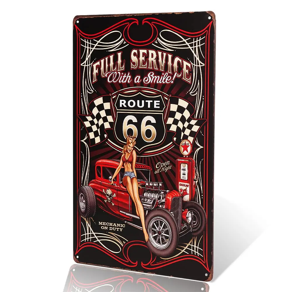 dingleiever-Full Service Hot Rod Route 66 Die Cut Metal Sign pin up girls with smile vintage Garage wall art