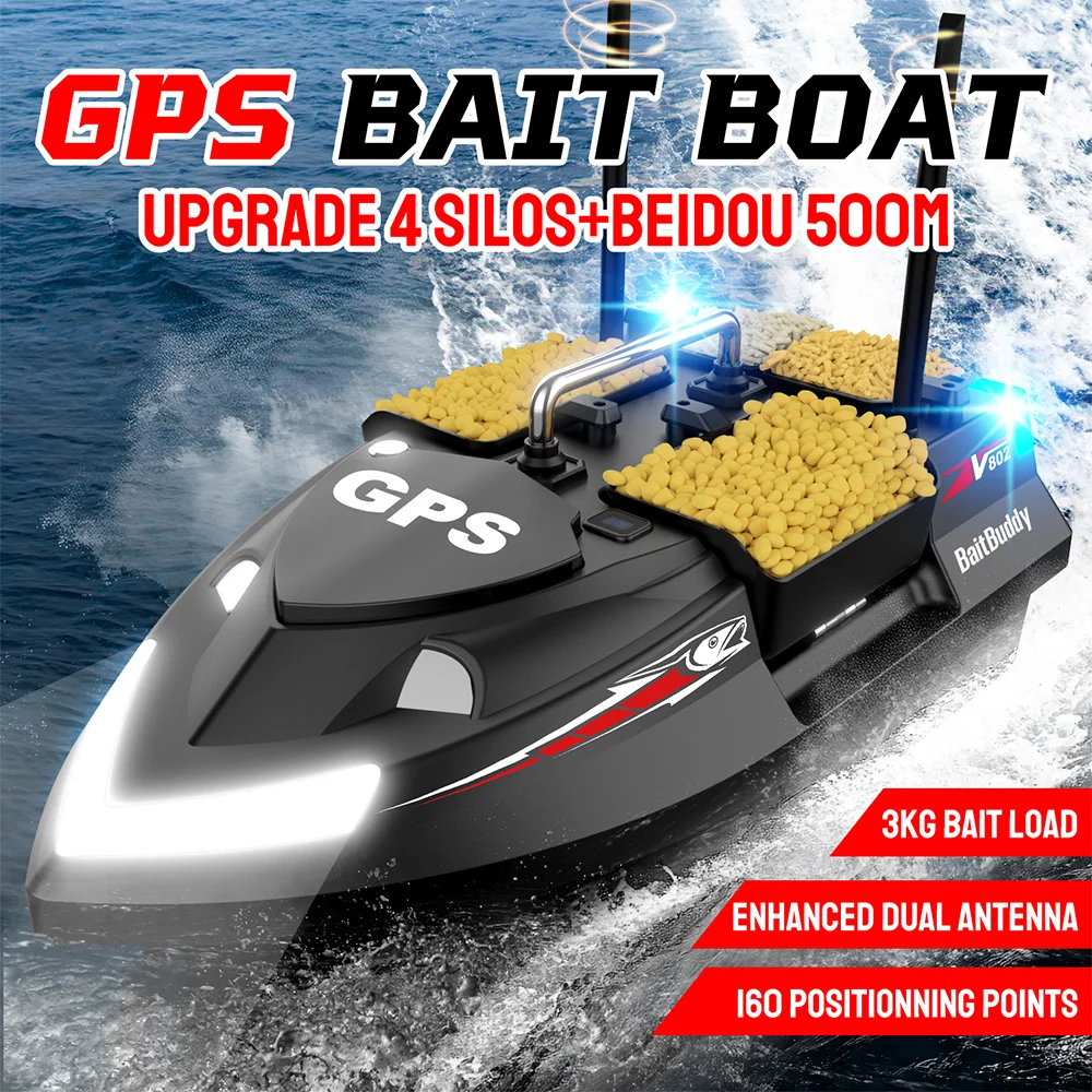 Bateau de pêche intelligent V802 PRO GPS avec 4 silos à appâts + positionnement BeiDou, 160 points de pêche, portée de 500 m, double propulsion, croisière intelligente et retour automatique