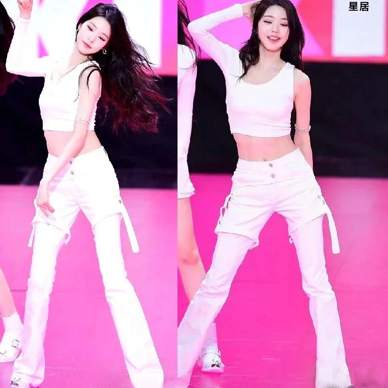 

Kpop Korean Singer Jazz Dance Costume Hip Hop White Strapless T-shirts Slim Crop Tops Straight Pants Women Concert Stage Outfits