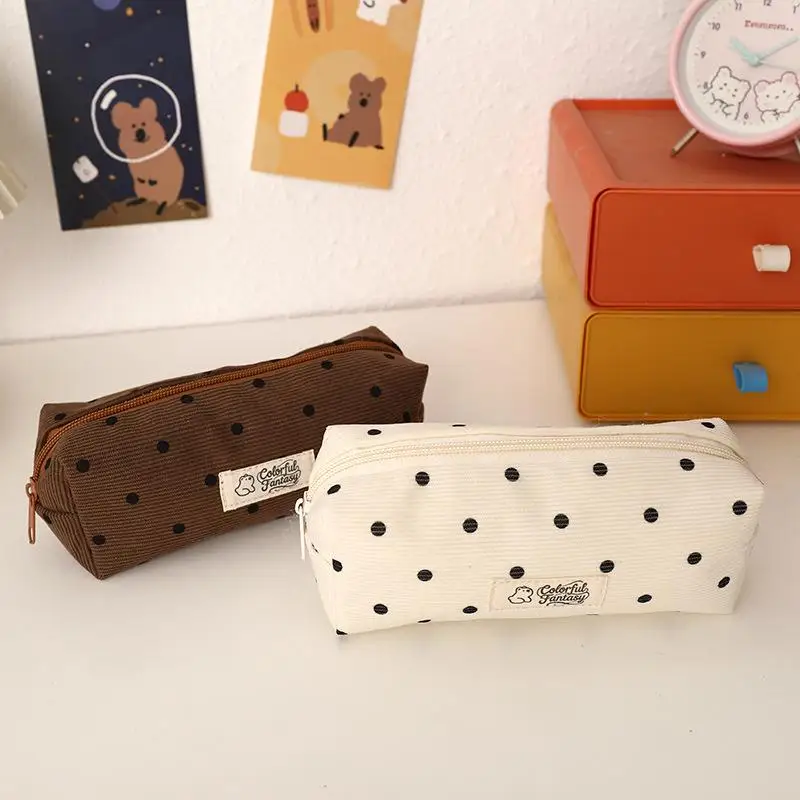 Brown Corduroy Polka Dot Pencil Case Large Capacity Durable Zipper Perfect For School Daily Use Travel Cosmetic Storage