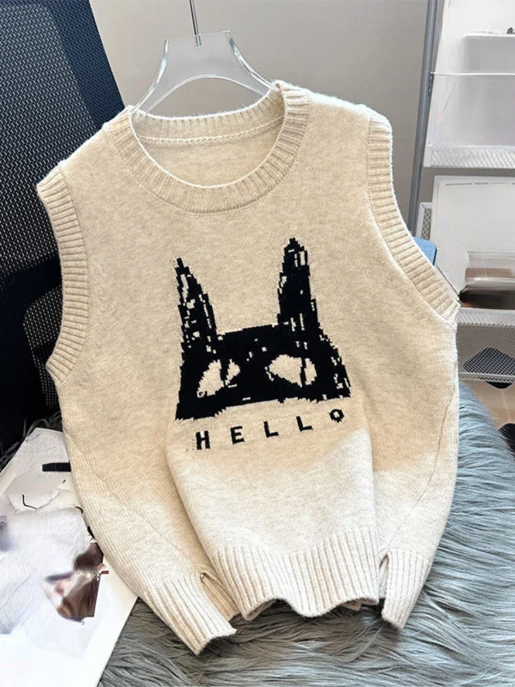 Lazy Style Pullover ärmellose Cartoon Jacquard Gabel ärmellose Kontrast farbe Pullover Weste lässig lose 2024 Frauen kleidung