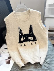 Lazy Style Pullovers Sleeveless Cartoon Jacquard Forked Sleeveless Contrast Color Sweater Vest Casual Loose 2024 Women Clothing