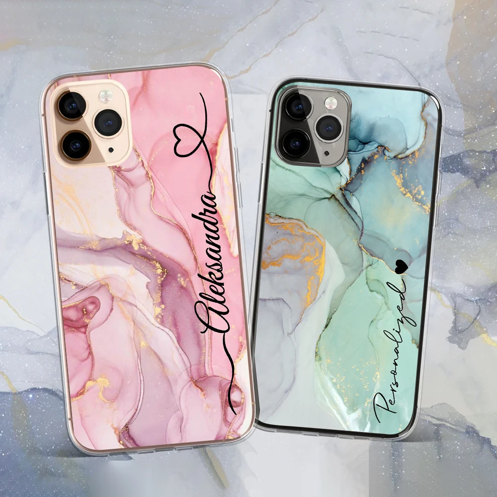 Personalised Customed Name Ink Marble Transparent Phone Case for iPhone 14 Plus 13 12 11 Pro Max X XS XR Luxury Clear Soft Cover