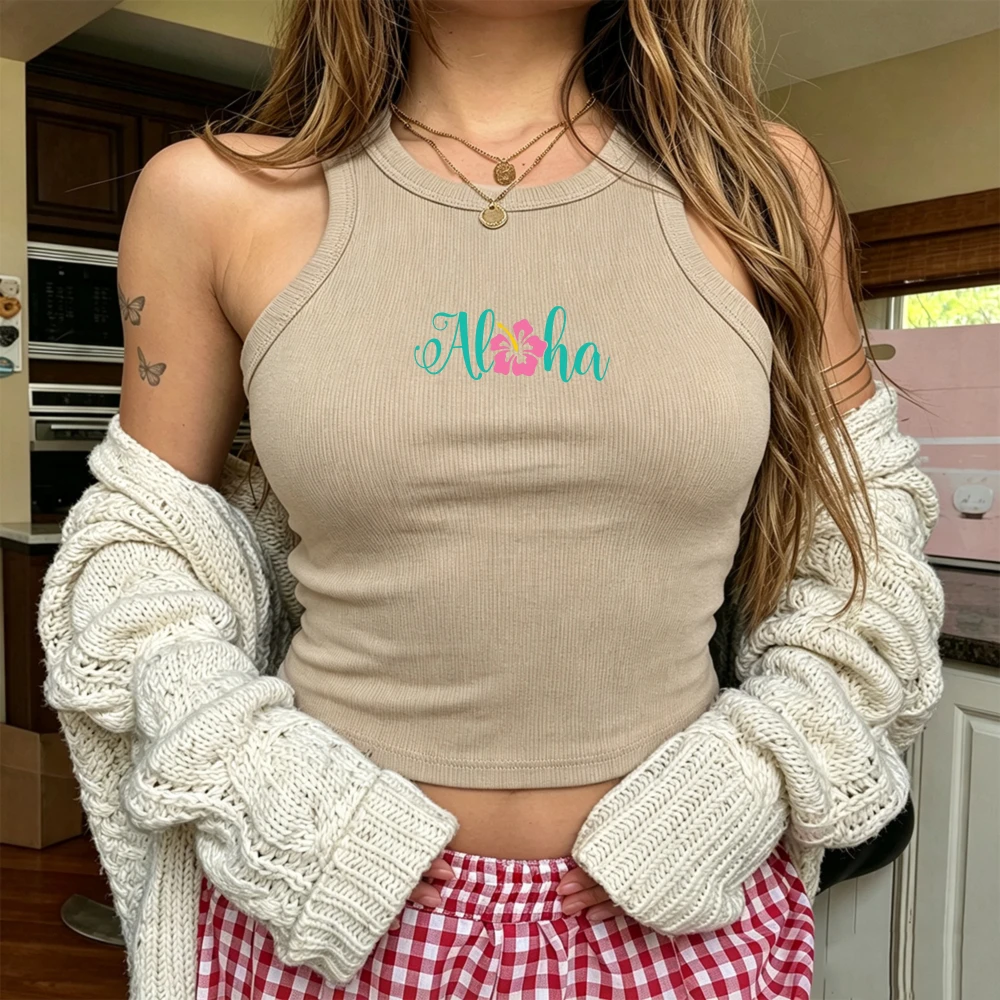 Aloha Hibiscus Flower Letter Graphic Sleeveless Slim Fit Cami Vest Y2K Summer Hawaii Beach Vacation Casual Women Tank Tops