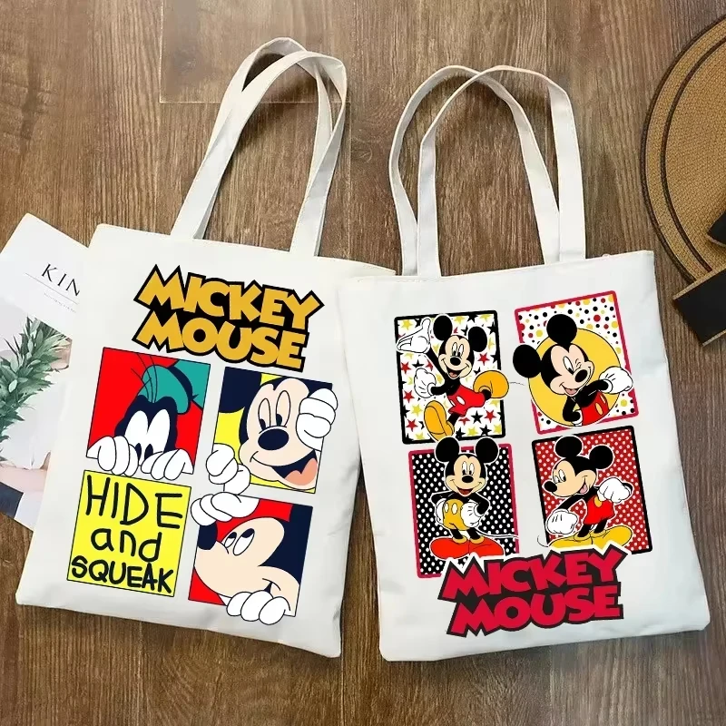 

Disney Minnie Mickey Mouse Handbag Storage Bag Anime Character Pattern Print Portable Large Capacity Women's Canvas Shoulder Bag
