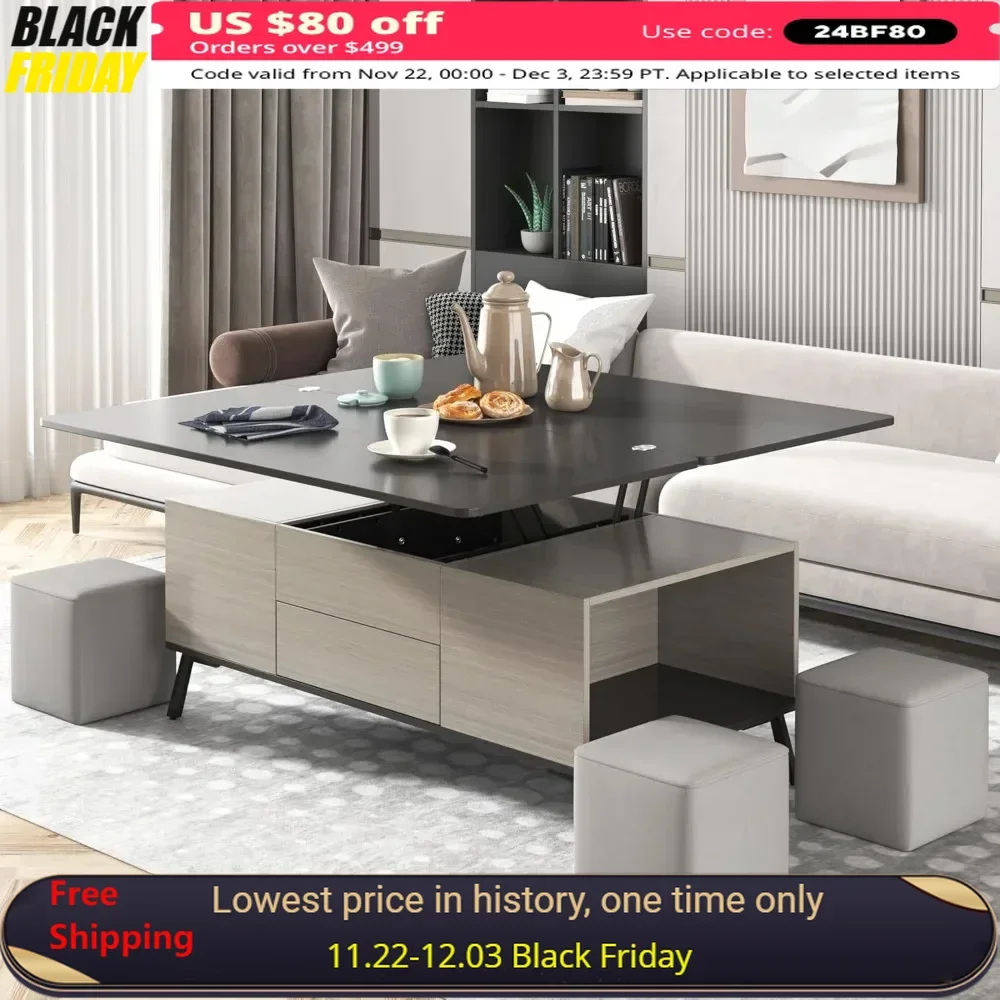 Coffee Table with 4 Stools, Convertible Living Room Tables with Storage, 5 Pieces Lift Top Coffee Table Set