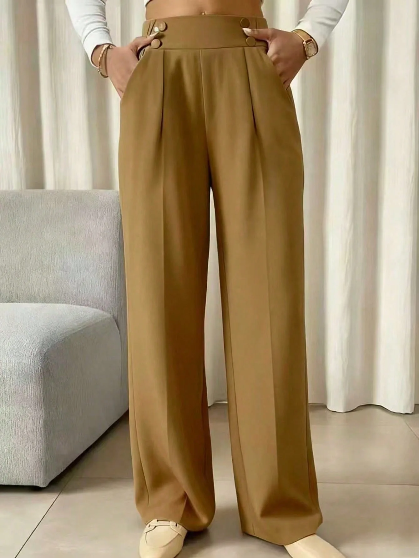 High Waist Pleated Wide Leg Pants with Double Row Metal Buttons Elastic Back Waist And Side Pockets Full-Length Casual Trousers