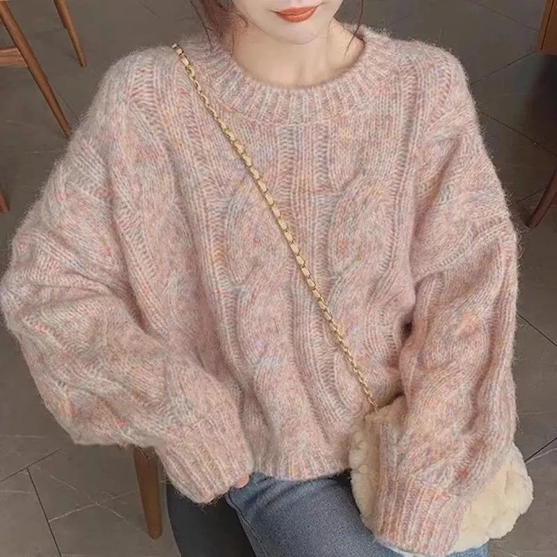 Sweet Cropped Sweater Women Oversized Knitted Pullovers Preppy O Neck Knitwear Streetwear Japanese Korean All Match Jumpers New