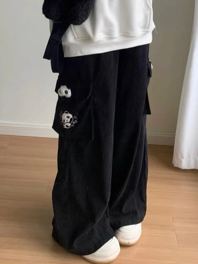 

HOUZHOU Black Panda Embroidery Women Corduroy Cargo Pants Kawaii Wide Leg High Waist Straight Trousers Baggy Casual Thick Winter