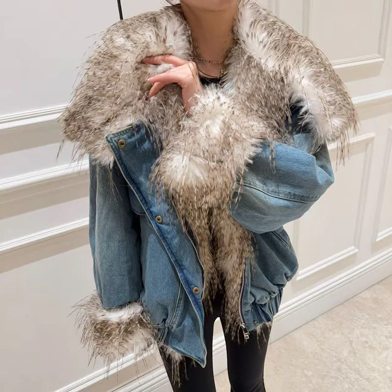 

Женская джинсовая куртка большого размера с меховым воротником в стиле пэчворк, стильная повседневная теплая парка большого размера, высококачественный зимний топ, новое поступление,