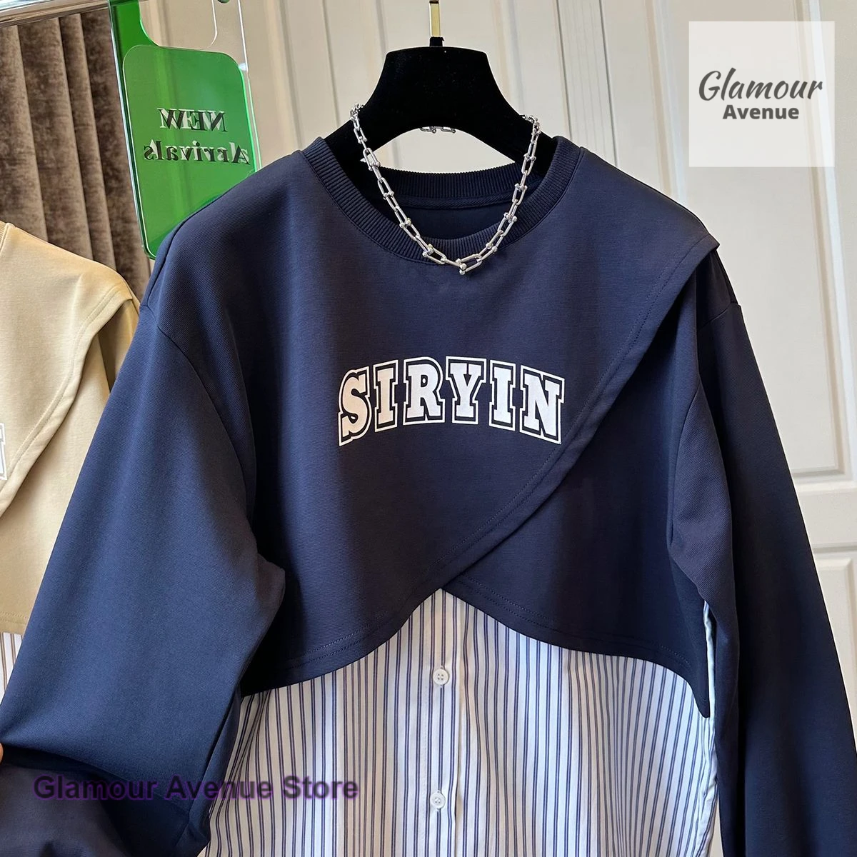 French style fashion plus size high sense stripe stitching sweater women spring and autumn loose temperament niche fake two tops