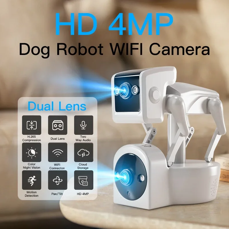 Plastic Robot Dog Camera Full Color PTZ Dome Camera APP AI Humanoid Detection Baby Monitor