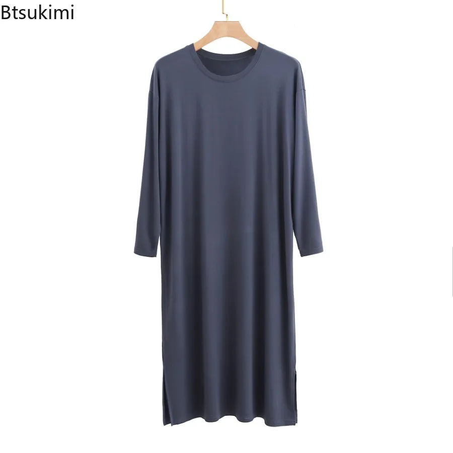 New 2024 Men\'s O-Neck Long Sleeve Robes Homewear Mid-long Knee Length Soft Comfortable Modal Nightwear Men Solid Thin Bathrobe