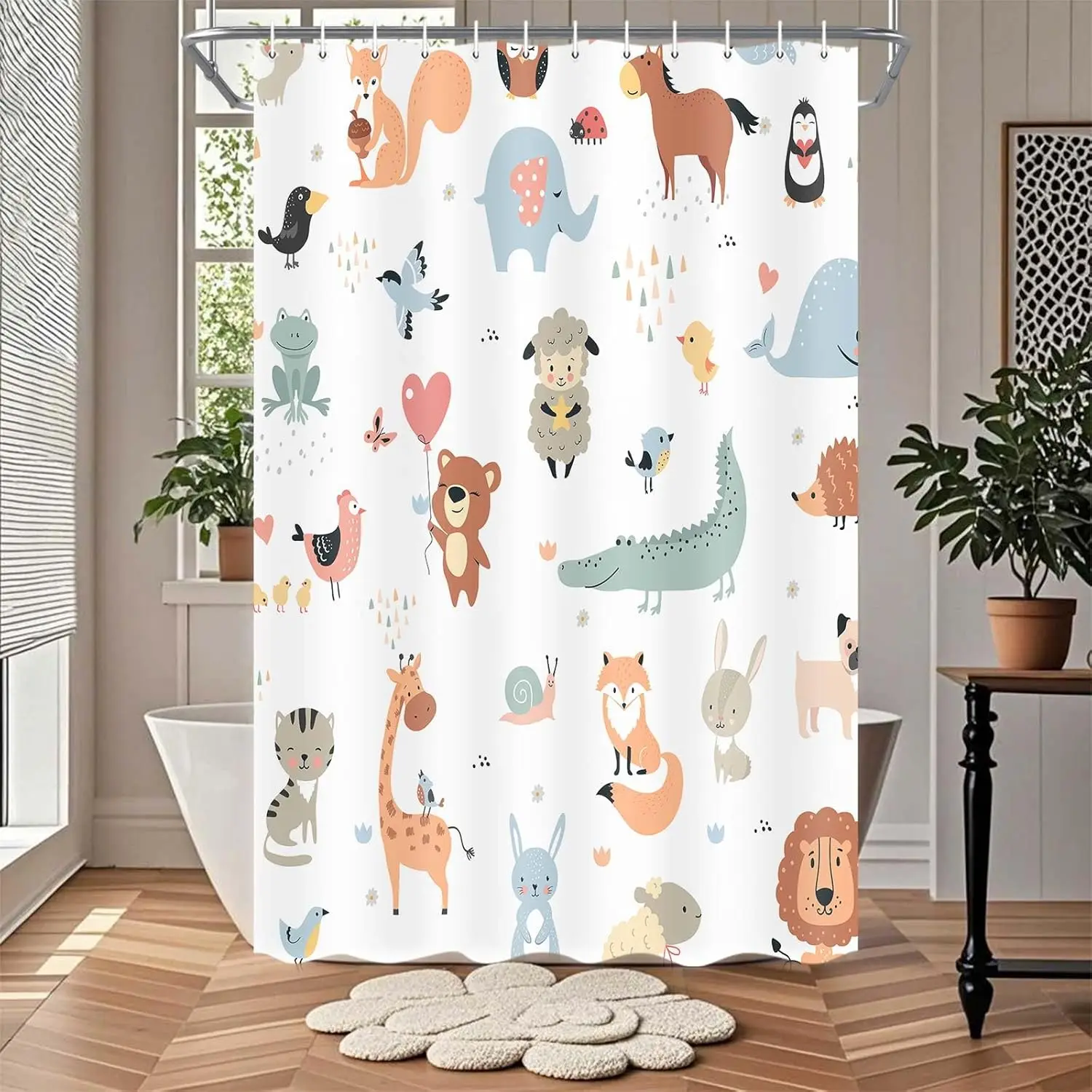 Animal Shower Curtain for Kids, Boho Tropical Animals Shower Curtains Nursery Giraffe Crocodile Hippo Zebra Monkey Cartoon Bath