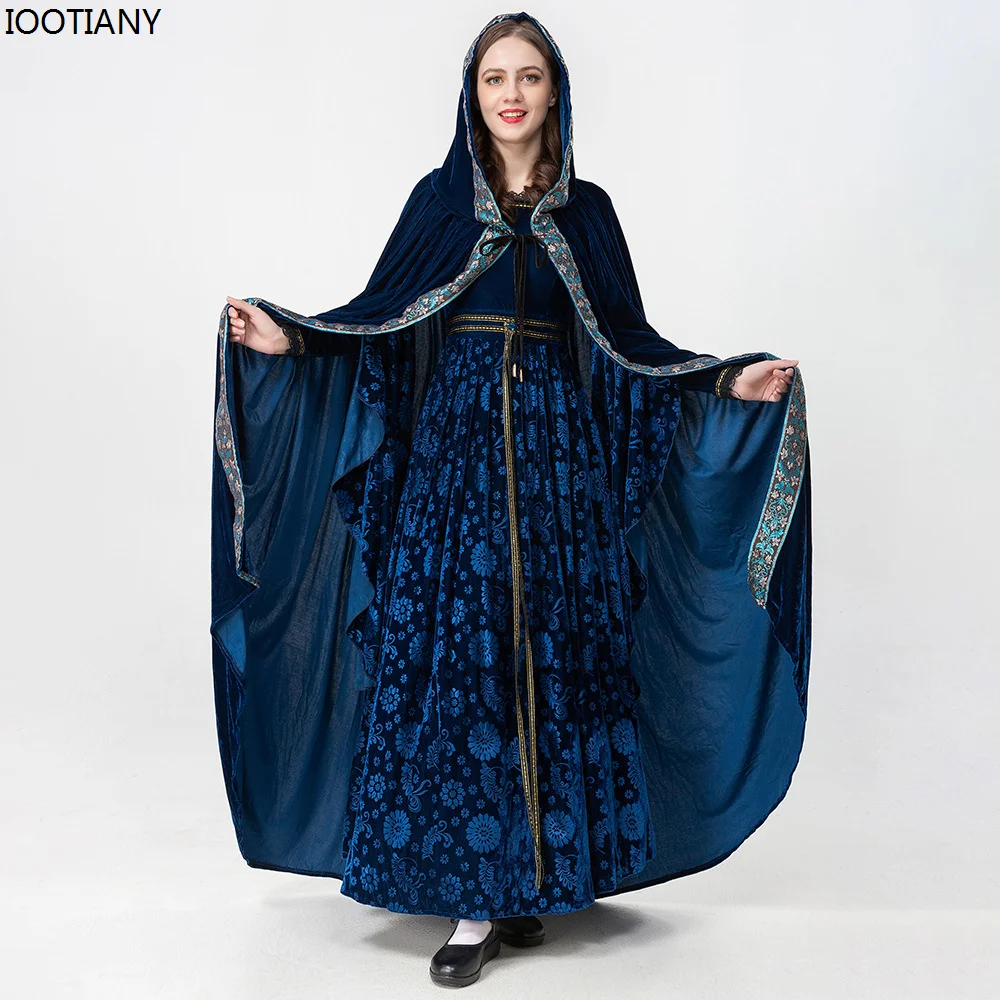 New Women Medieval Victorian Elf Princess Cosplay Dress Halloween Court Witch Hooded Cloak Carnival Party Stage Showing Dress Up