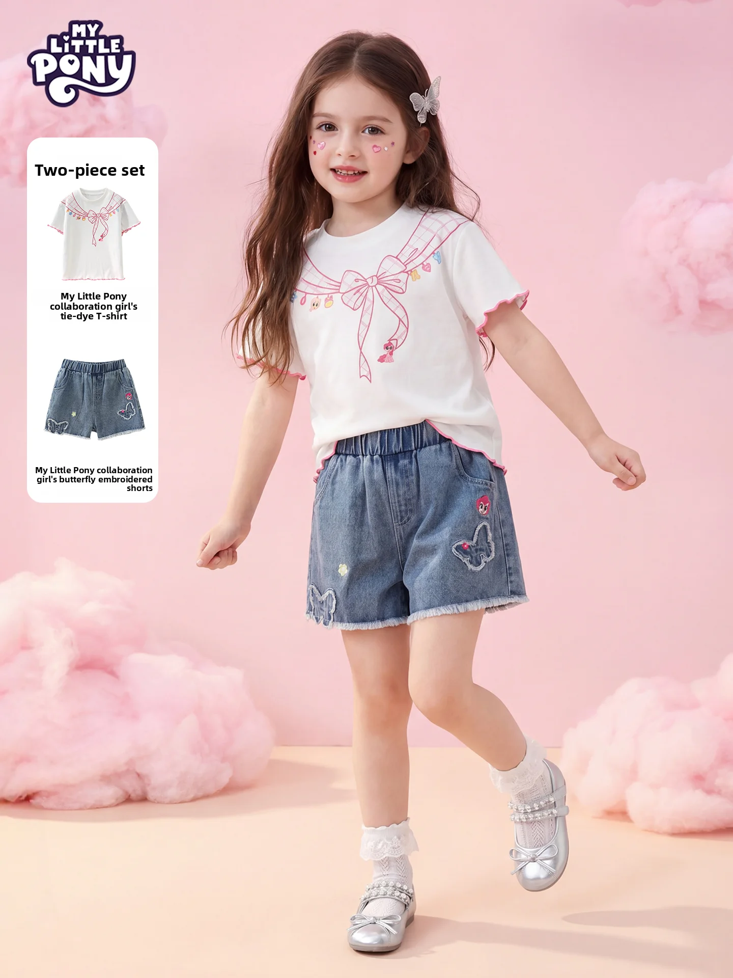 マイリトルポニー-ガールズ-サマー衣装-ユニークで美しい半袖tシャツとデニムショートパンツ-子供服セット-女の子用