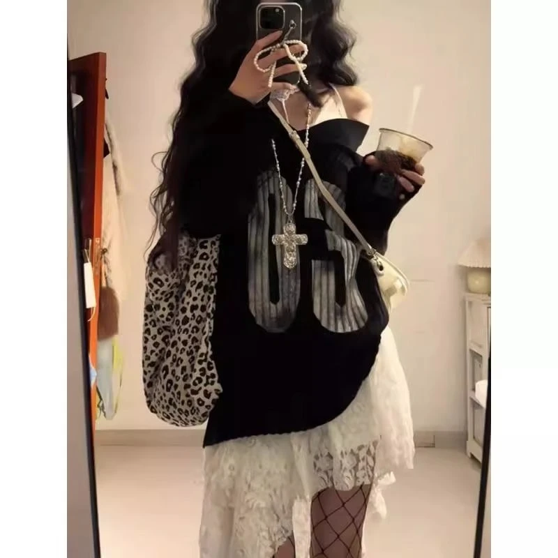 

Черный пуловер, милая субкультура, осенне-зимняя шикарная одежда, корейский модный вязаный свитер, женская сексуальная элегантная винтажная одежда Y2k