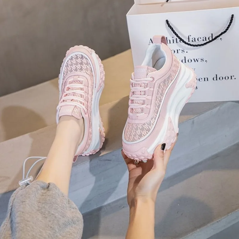 Casual Women HollowLaceMeshPlatformSneakersTreadChunkySole Lace‑Up Height‑Increasing Non‑Slip Daily Walking Dad Shoes White Pink view 3