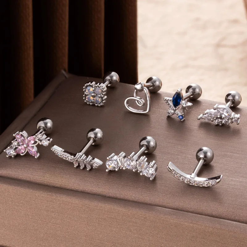 1PC Fashion Hollow Heart Flower Star Cartilage Earrings Ear Lobe Helix Back Stud Earrings For Girls Women Screw Piercing Jewelry