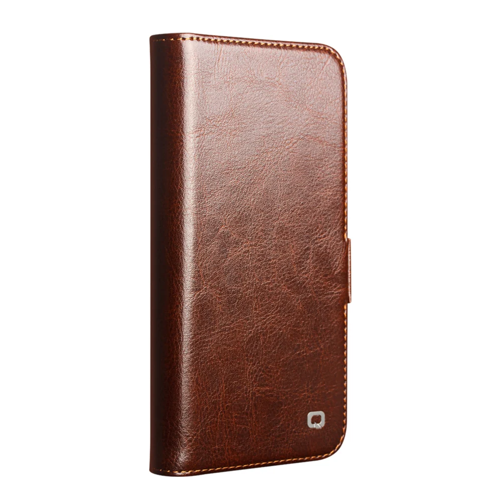 QIALINO For iPhone 17e / 16e Wallet Case Genuine Cow Leather Flip Cover Magnetic Clasp Full Protection - Brown