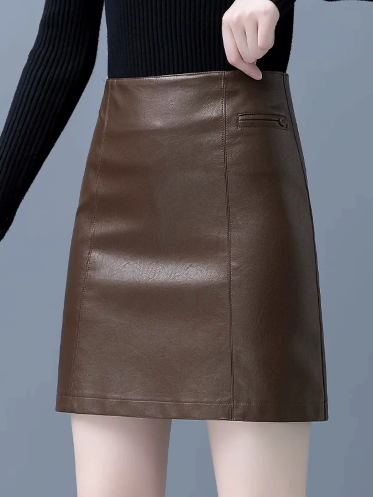 

Faionable High Waist PU Leather Skirt Women's Spring Autumn A-Line Bodycon ort Skirt Sli Slimming Skirt
