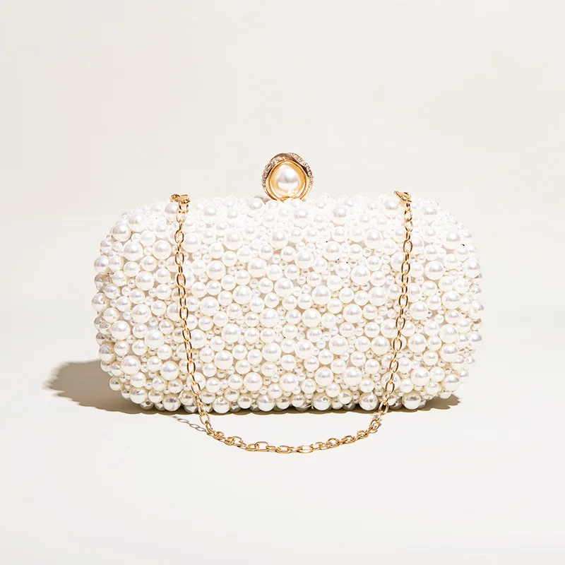 

Fine Luxury Beige Pearl Beaded Clutches Wedding Party Evening Bag For Women Chain Shoulder Bag Fashion Simple Small Purse Clutch